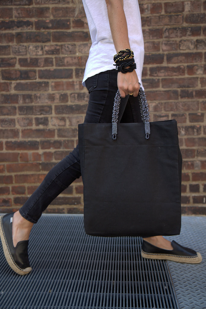 Braided Handle Tote Bag - Black